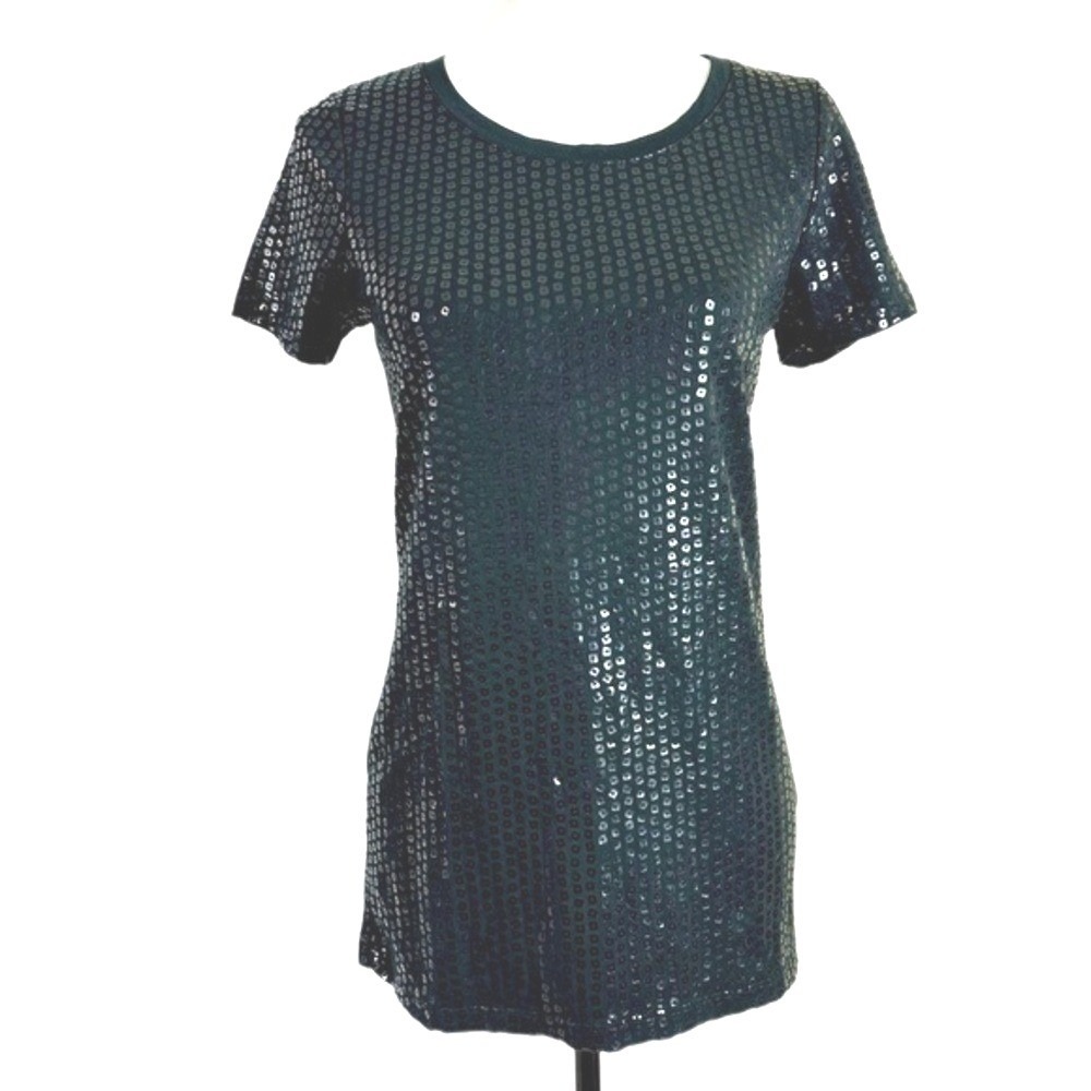Three Dots Sequin Short Sleeve Tee Shirt Black‎ Womens Small